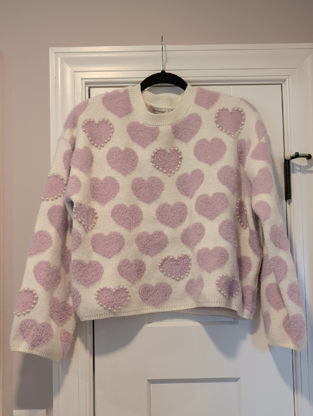 Francesca's Collections Cream & Lilac Heart Pearl-Trim Sweater